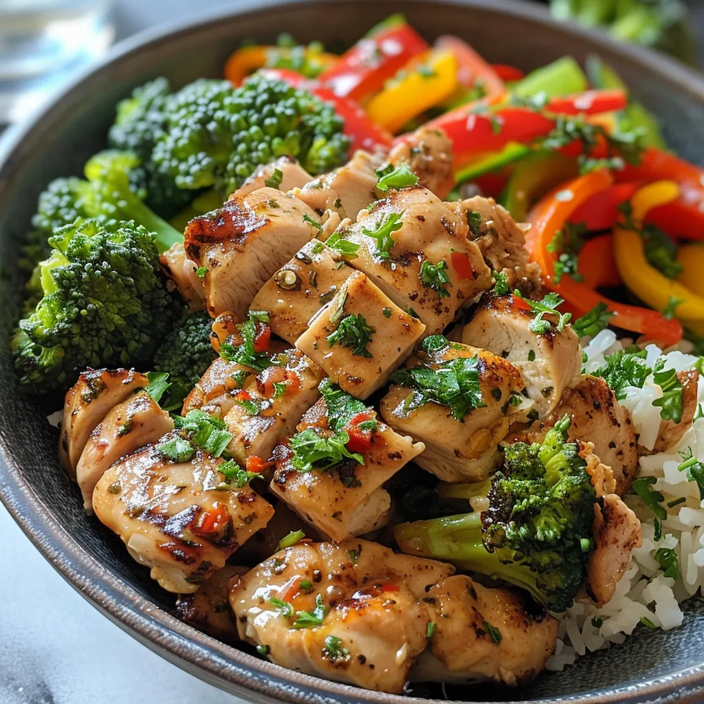 Close-up view of a plated garlic butter chicken bowl showcasing tender chicken and assorted veggies.