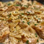 Close-up of a creamy Garlic Butter Chicken Bowtie Pasta dish with visible garlic and chicken pieces.