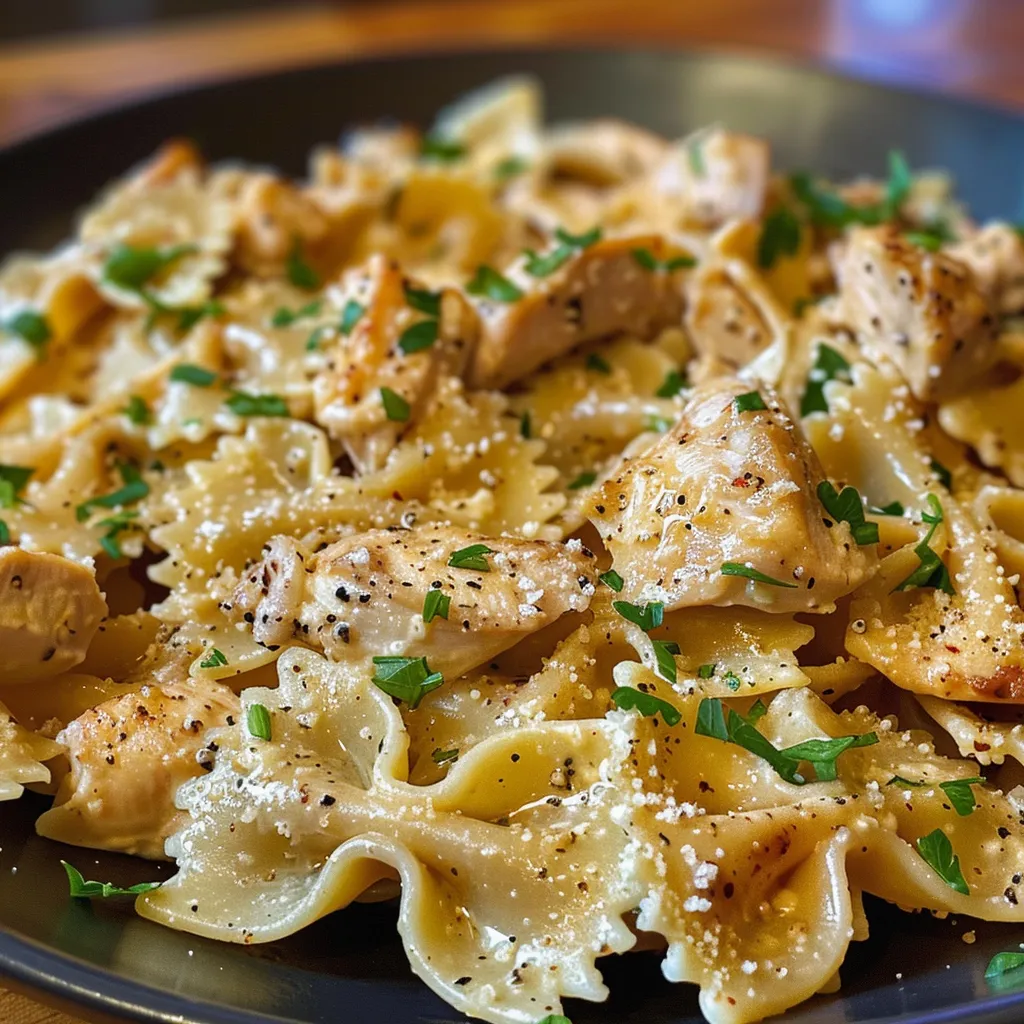 Side view of a bowl filled with Garlic Butter Chicken Bowtie Pasta, garnished with fresh parsley.