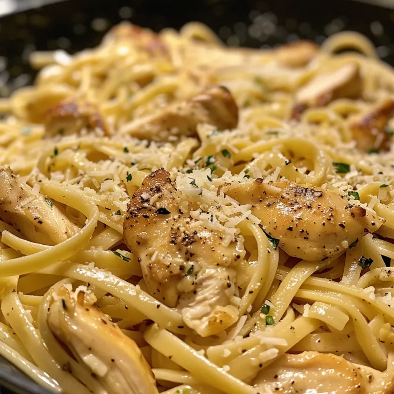 Close-up view of Garlic Butter Chicken Pasta with chicken pieces and fettuccine in a creamy sauce.