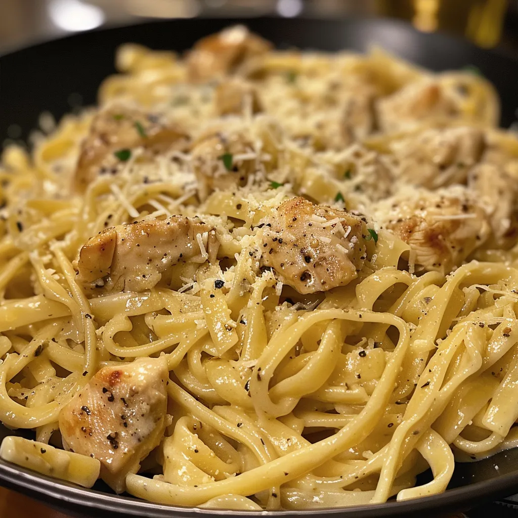 Side angle photo showcasing Garlic Butter Chicken Pasta, featuring chicken and pasta coated in garlic butter sauce.