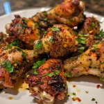 Close-up view of juicy garlic butter chicken wings garnished with fresh parsley.