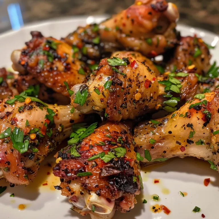 Close-up view of juicy garlic butter chicken wings garnished with fresh parsley.