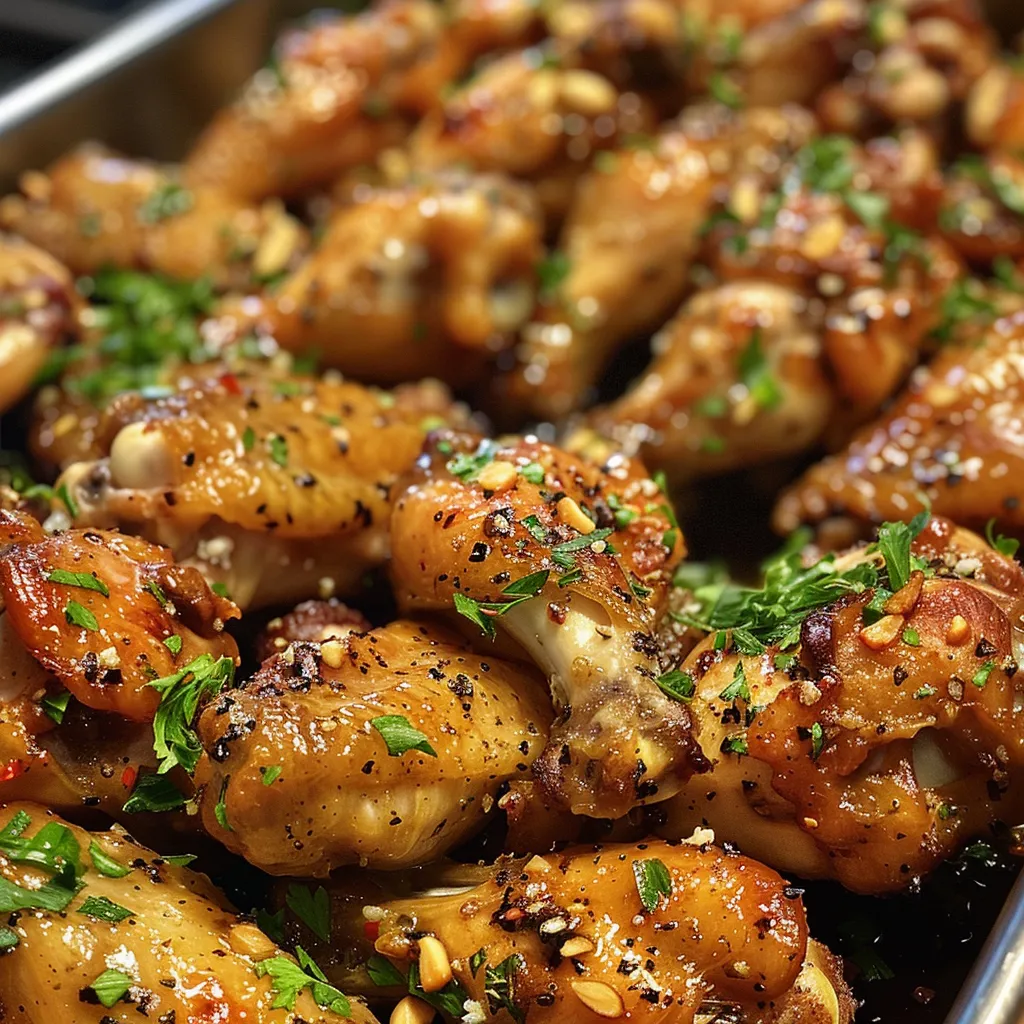 Succulent chicken wings coated in garlic butter, viewed from the side.