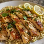 Close-up view of juicy garlic butter chicken served with lemon dill couscous.