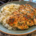 A close-up view of juicy garlic butter chicken served on a plate with parmesan rice.