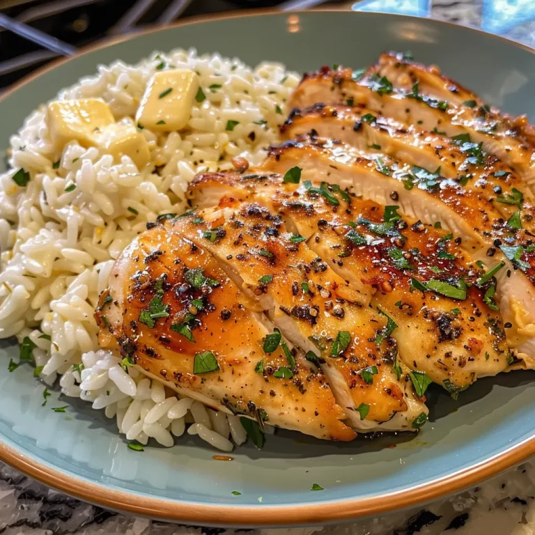 A close-up view of juicy garlic butter chicken served on a plate with parmesan rice.