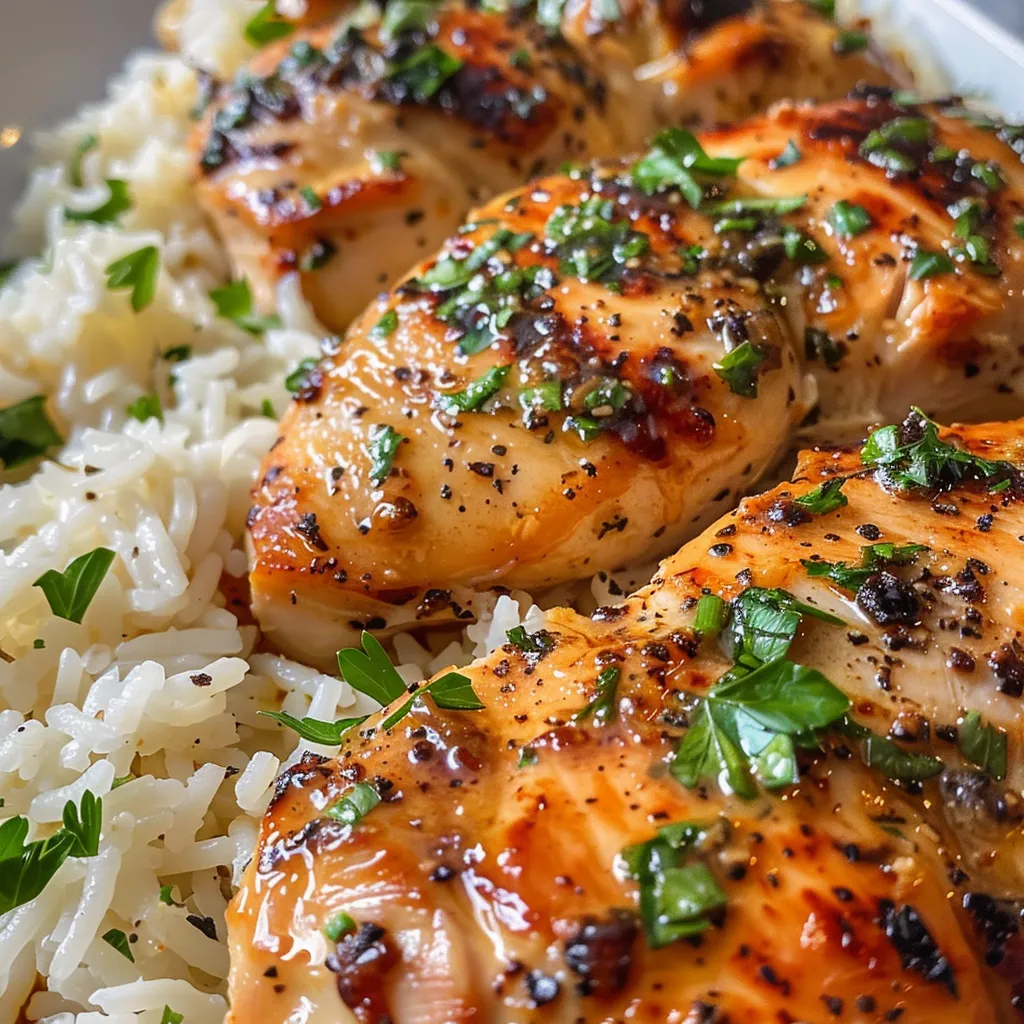 Side angle of garlic butter chicken garnished with parsley next to a serving of parmesan rice.