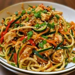 Juicy Garlic Chicken served with zucchini noodles in a vibrant stir fry.
