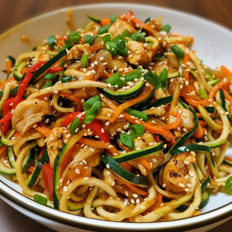 Juicy Garlic Chicken and spiralized zucchini noodles in a colorful stir fry.