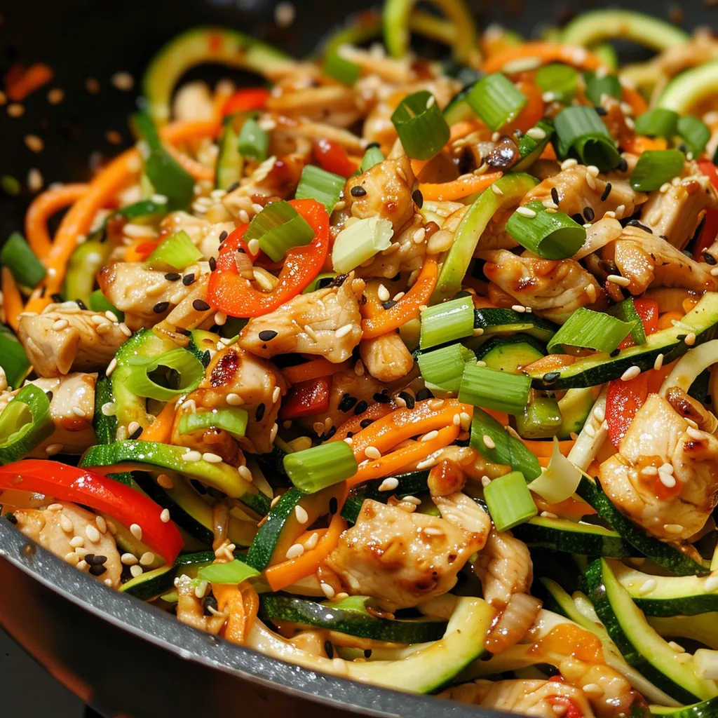 Close-up of Garlic Chicken Zucchini Noodles with vibrant vegetables.