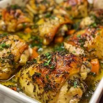 Juicy Garlic Herb Chicken Bake with colorful bell peppers and carrots in a baking dish.