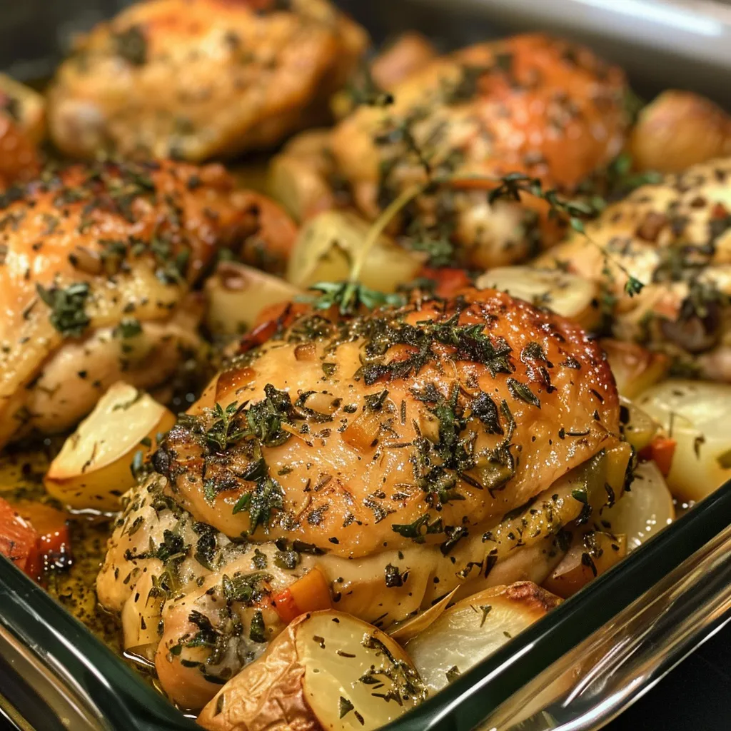 Close-up view of a succulent Garlic Herb Chicken Bake garnished with fresh herbs.