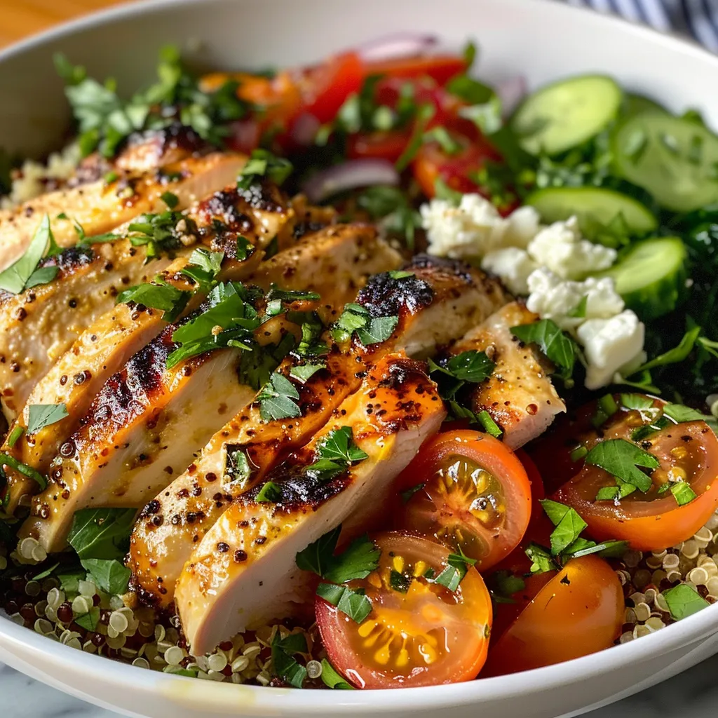 A side view of a vibrant quinoa bowl with garlic herb chicken, vegetables, and herbs.