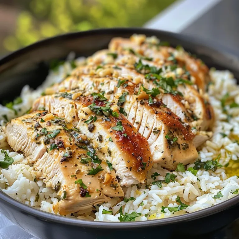 Close-up view of Garlic Herb Chicken Rice Bowl with creamy sauce, garnished with parsley.