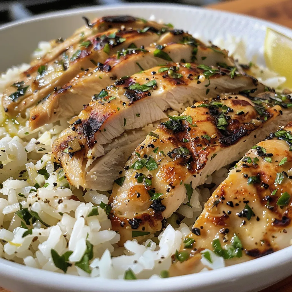 Side view of a rice bowl featuring juicy chicken, garlic, herbs, and Parmesan sauce.