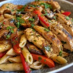 Close-up side view of juicy garlic herb chicken with colorful roasted veggie penne pasta.
