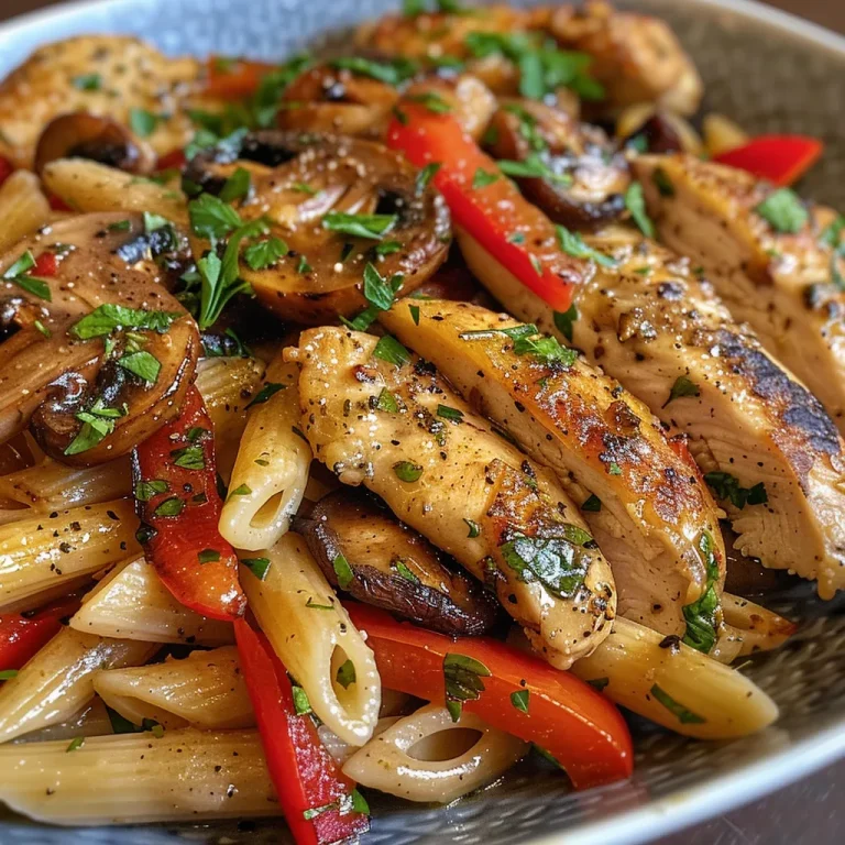 The Wholesome Garlic Herb Chicken That Feeds the Soul Close-up side view of juicy garlic herb chicken with colorful roasted veggie penne pasta.