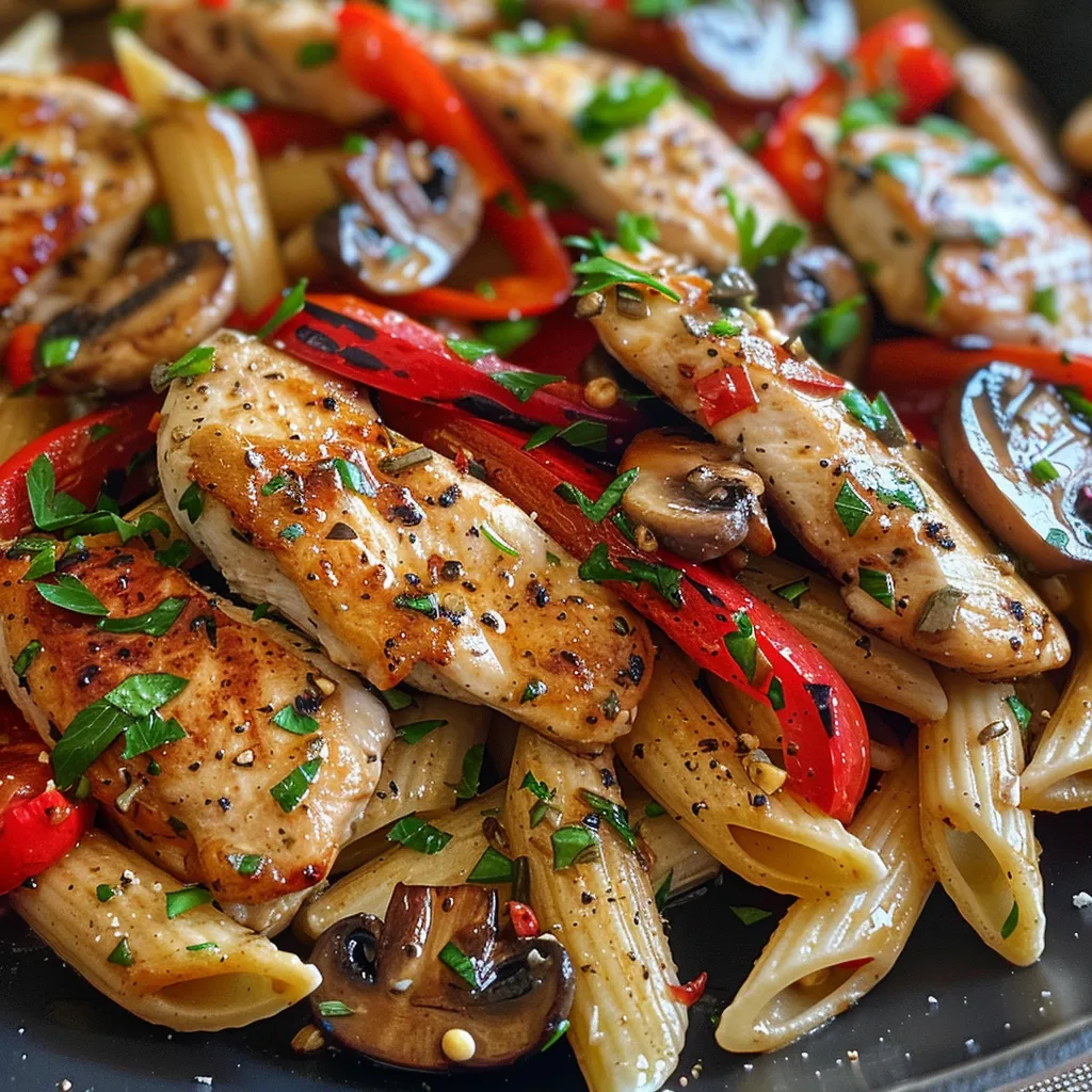 Juicy garlic herb chicken strips served with vibrant roasted vegetables and whole wheat penne.