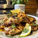 Close-up view of juicy Garlic Lemon Chicken Thighs with fresh herbs and lemon wedges.