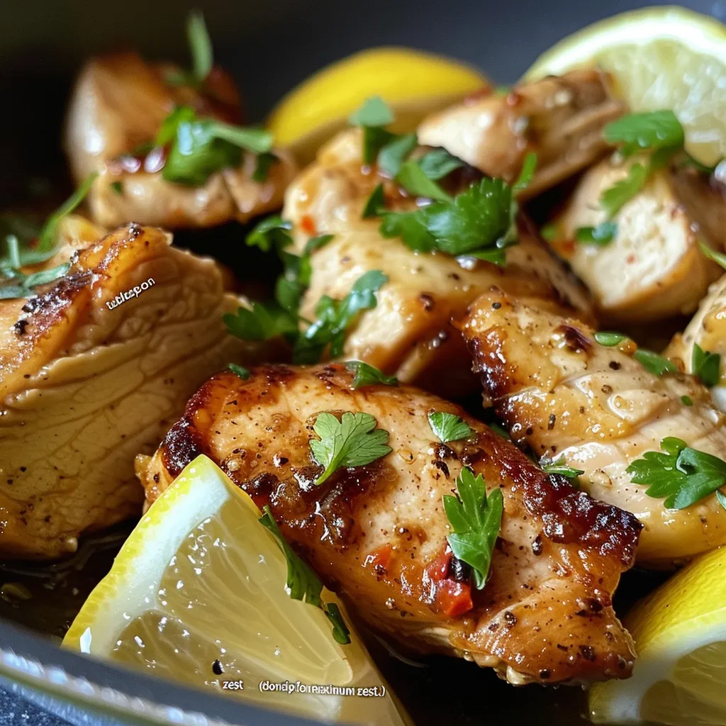 Side photo of browned chicken thighs coated in garlic and lemon zest.
