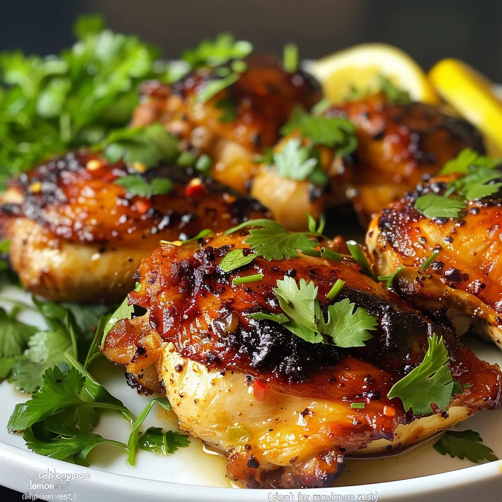 Side shot of marinated chicken thighs garnished with cilantro and lemon, showcasing a zesty finish.