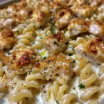 A close-up view of Garlic Parmesan Chicken Pasta Bake in a baking dish, highlighting the creamy sauce and pasta.