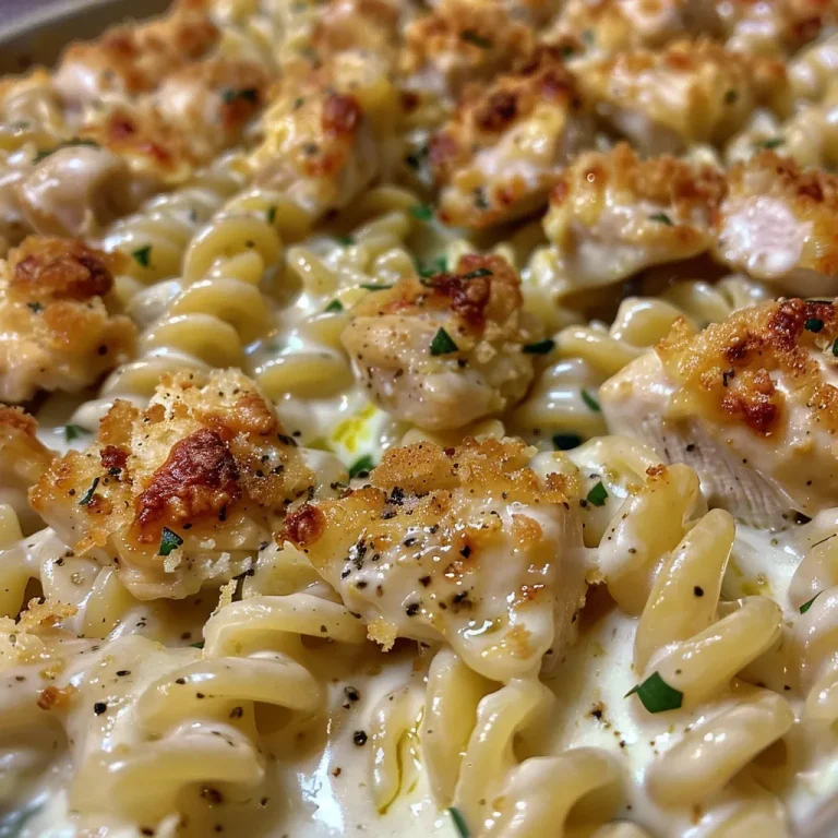 A close-up view of Garlic Parmesan Chicken Pasta Bake in a baking dish, highlighting the creamy sauce and pasta.