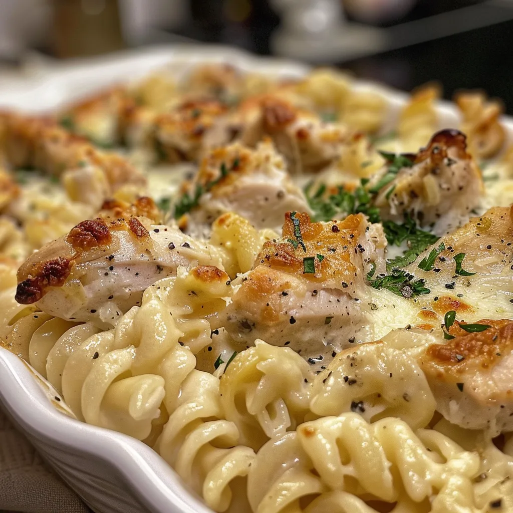 Side view of a delicious serving of Garlic Parmesan Chicken Pasta Bake, showing chicken and cheese melted on top.