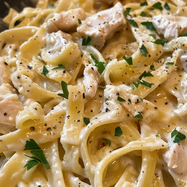Close-up view of Garlic Parmesan Chicken Pasta with a creamy sauce and garnished with parsley.