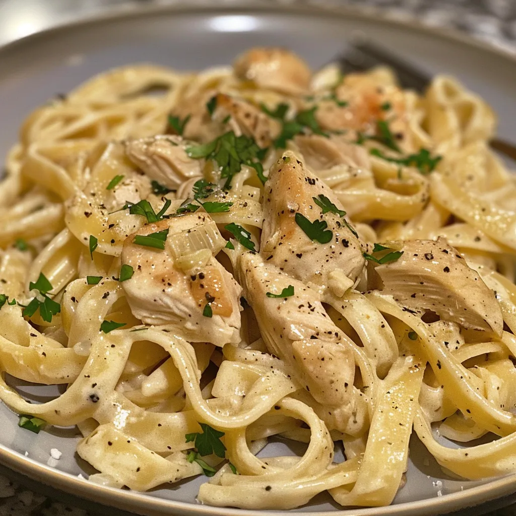 Side view of Garlic Parmesan Chicken Pasta garnished with parsley.
