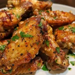 Close-up of golden-brown Garlic Parmesan chicken wings garnished with fresh parsley.