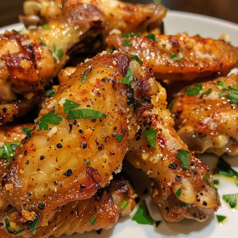 Close-up of golden-brown Garlic Parmesan chicken wings garnished with fresh parsley.