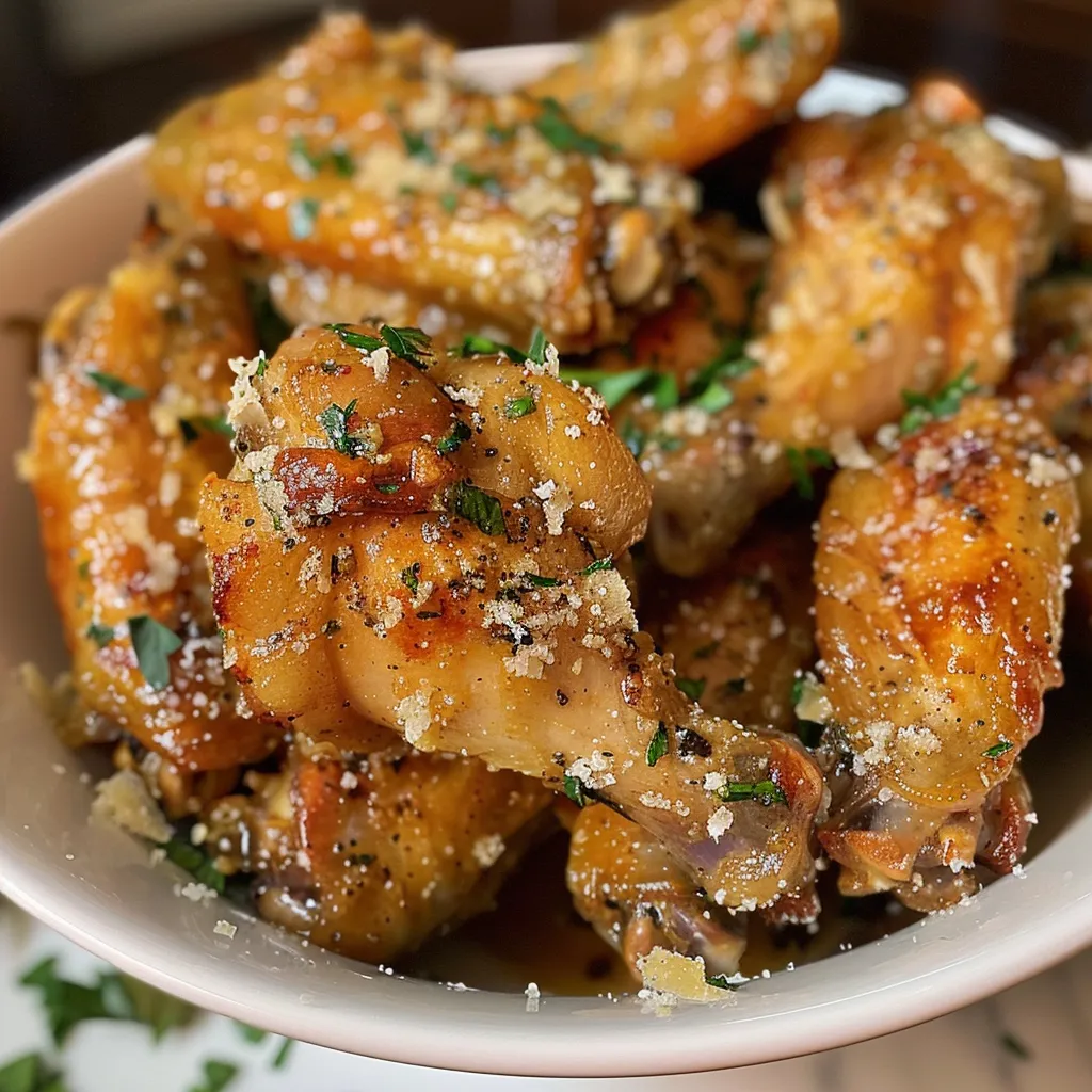 Juicy Garlic Parmesan chicken wings glistening with butter, viewed from the side.