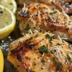 Juicy garlic parmesan chicken thighs with crispy skin, garnished with fresh parsley.