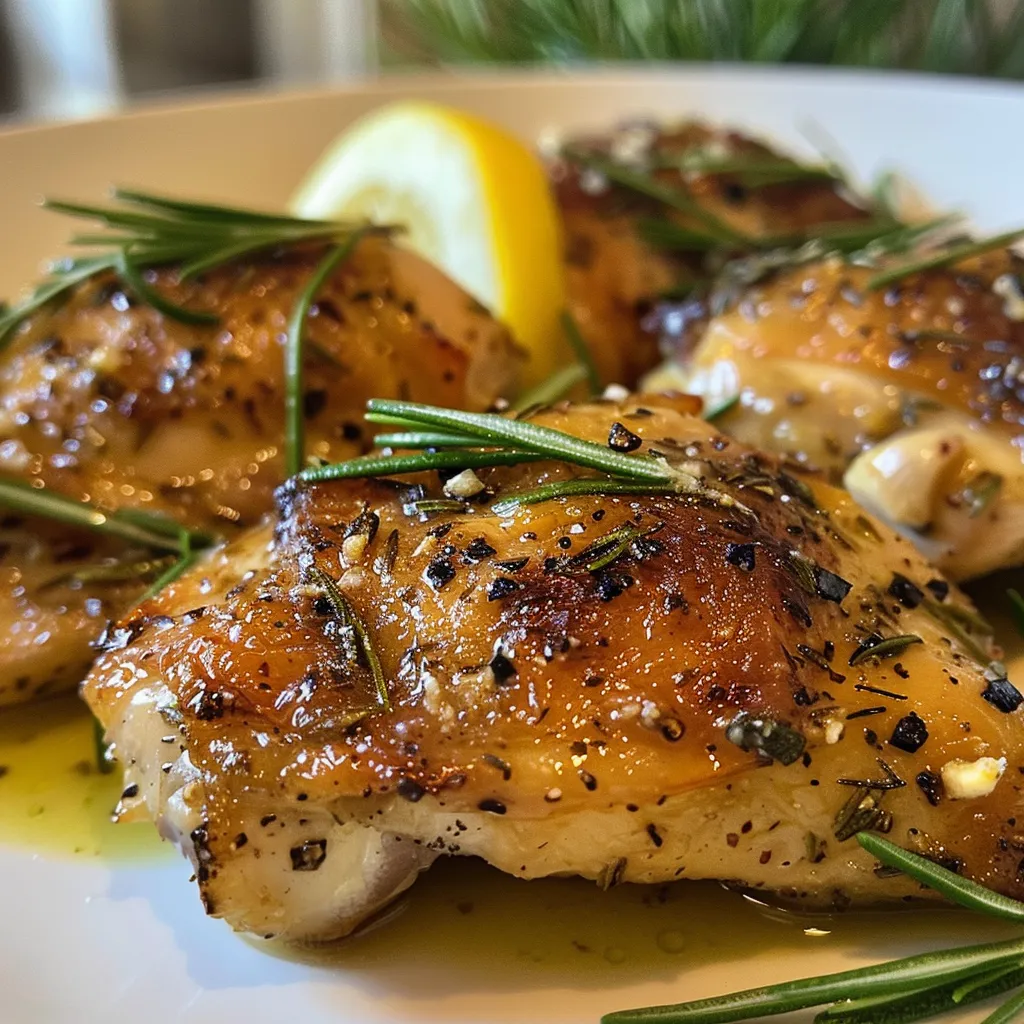 Side view of plated garlic rosemary chicken with lemon wedges on the side.