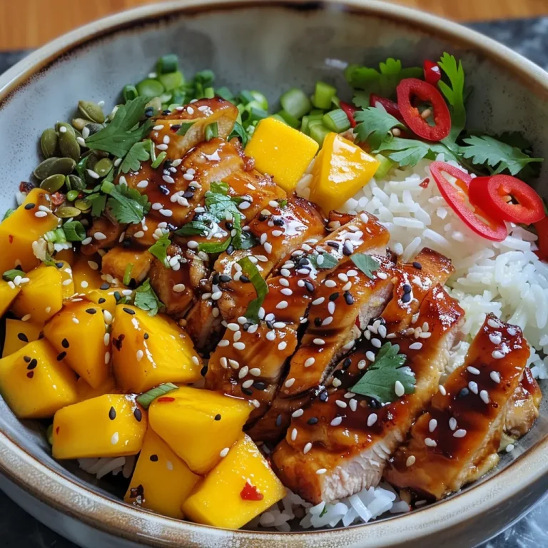 Close-up of glazed chicken and mango bowl with vibrant colors and textures.