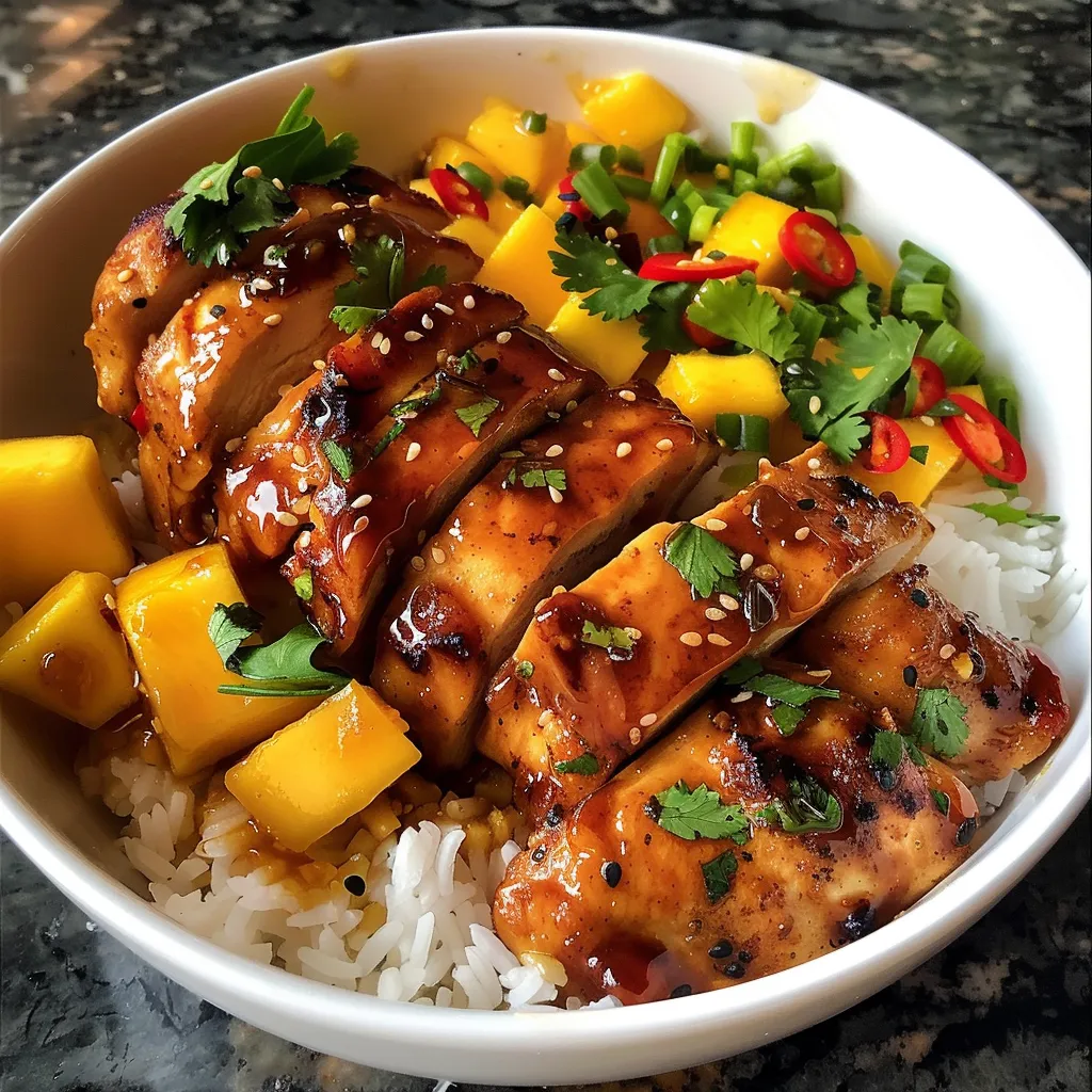 Juicy glazed chicken served on a bed of jasmine rice topped with fresh mango and herbs.