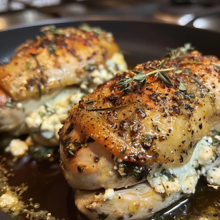 Close-up view of succulent chicken breast stuffed with creamy goat cheese and herbs.