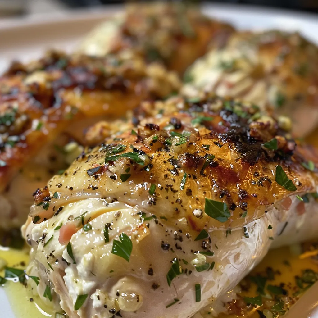Side angle of a baked chicken breast revealing creamy goat cheese filling.