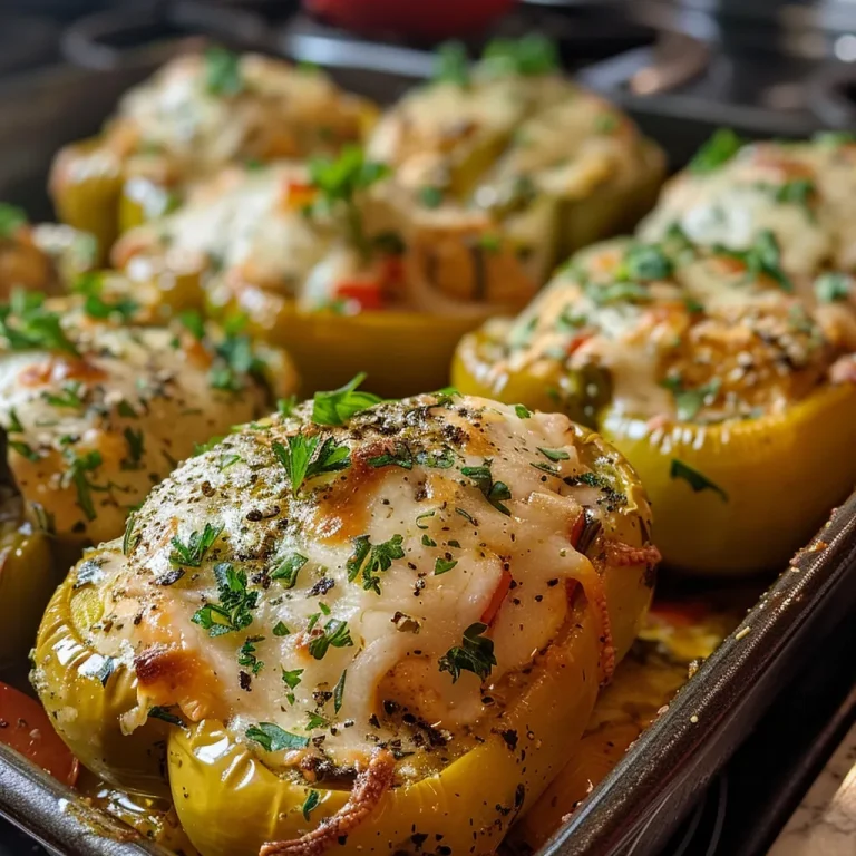 Close-up of vibrant Greek chicken stuffed peppers with visible herbs and spices.