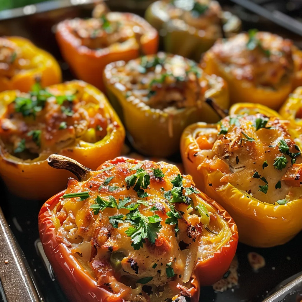 Juicy, colorful stuffed peppers filled with Greek chicken, shown from the side.