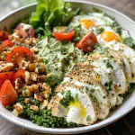 A close-up of Green Goddess Grain Bowls featuring crispy chicken and vibrant vegetables.