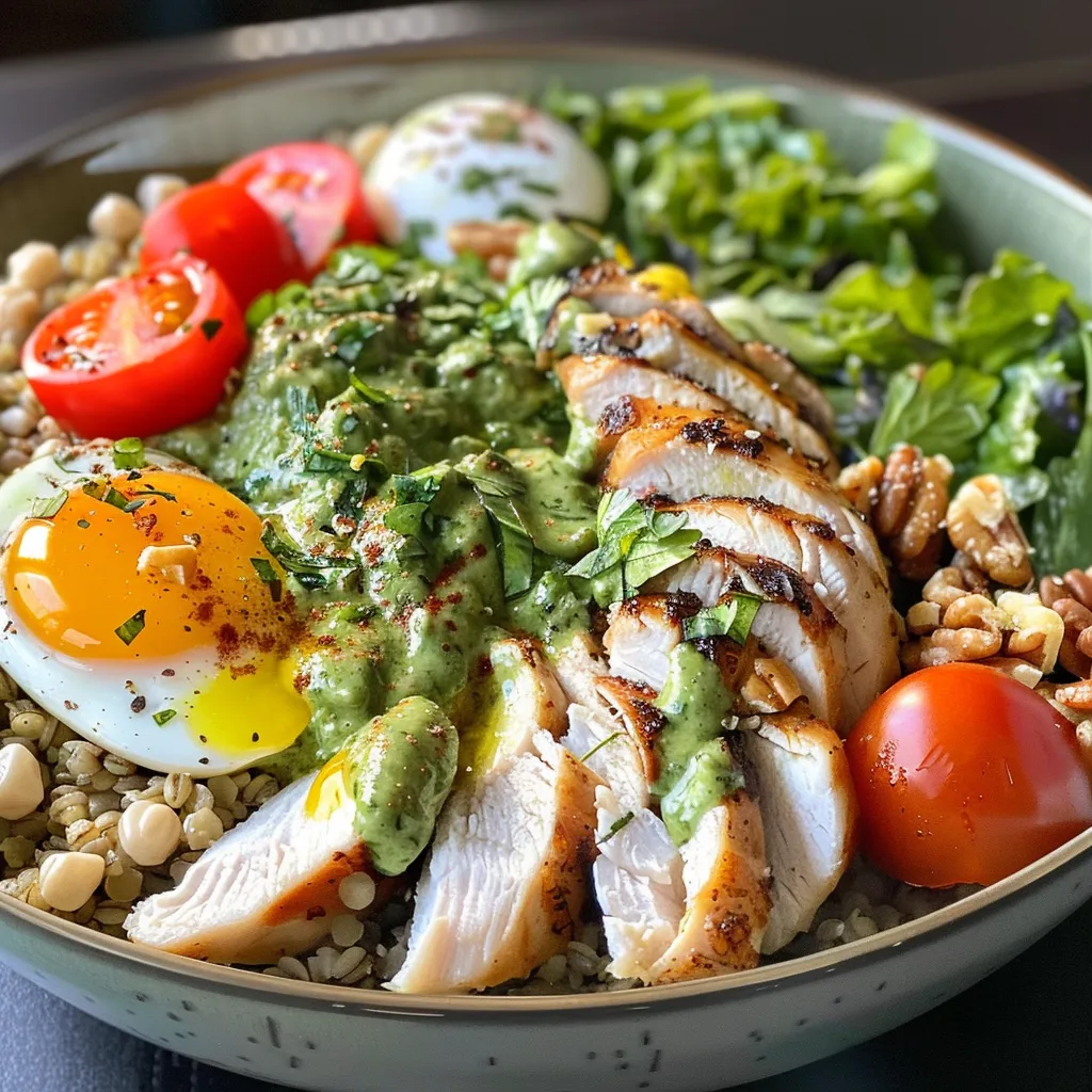 Juicy Green Goddess Grain Bowls with golden-brown crispy chicken and fresh greens.
