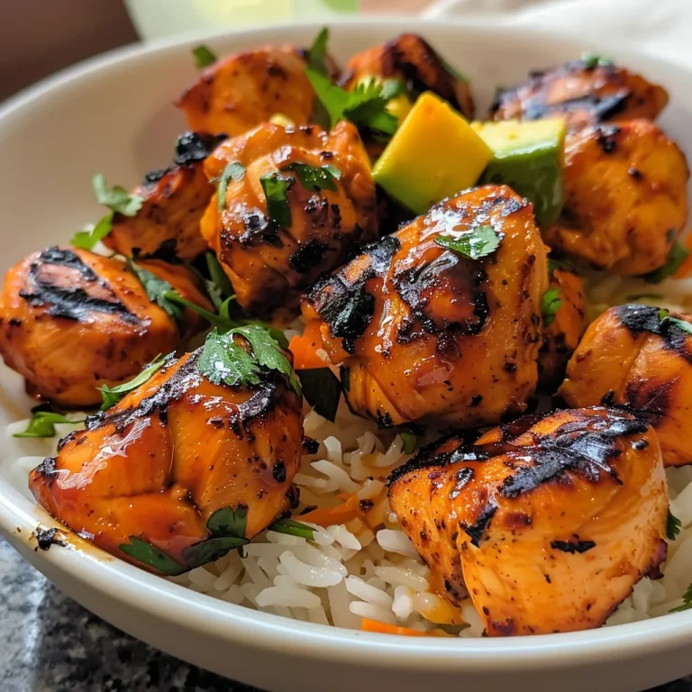 Close-up view of grilled chicken bites served in a bowl with coconut rice and mango avocado salsa.
