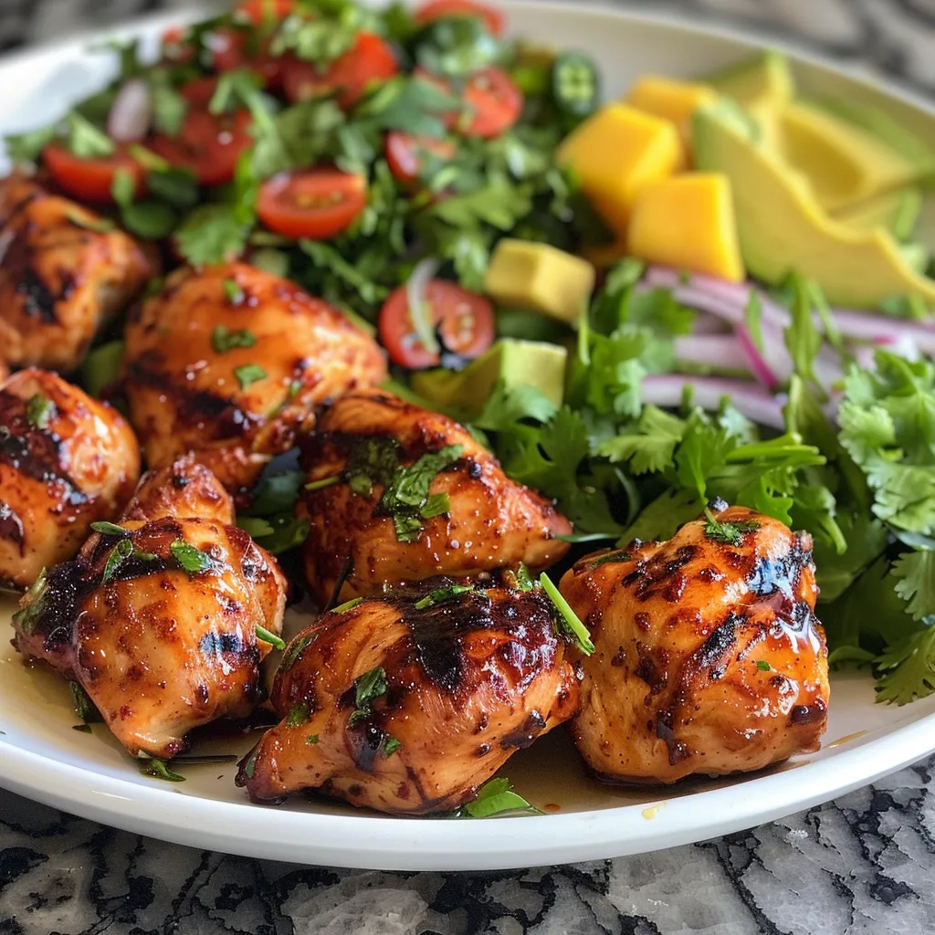 Juicy grilled chicken bites garnished with colorful mango avocado salsa and served with creamy chili mayo.