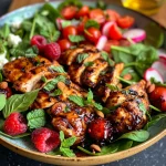 Close-up view of a colorful Grilled Chicken Salad featuring raspberries and goat cheese.