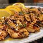Close-up view of grilled citrus chicken garnished with herbs.
