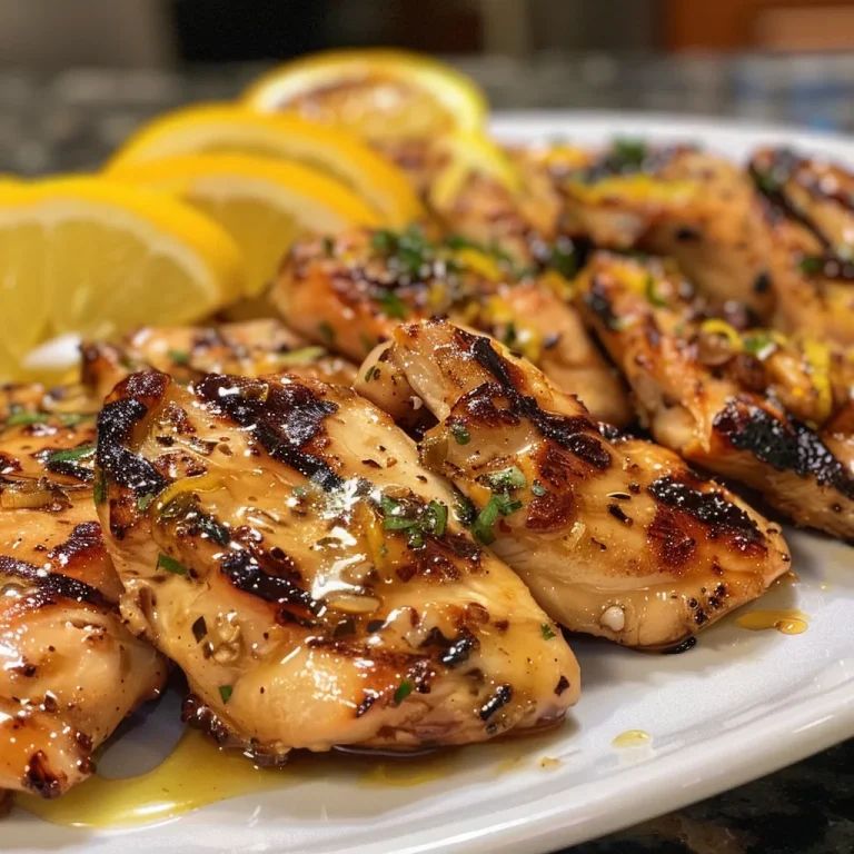 Close-up view of grilled citrus chicken garnished with herbs.