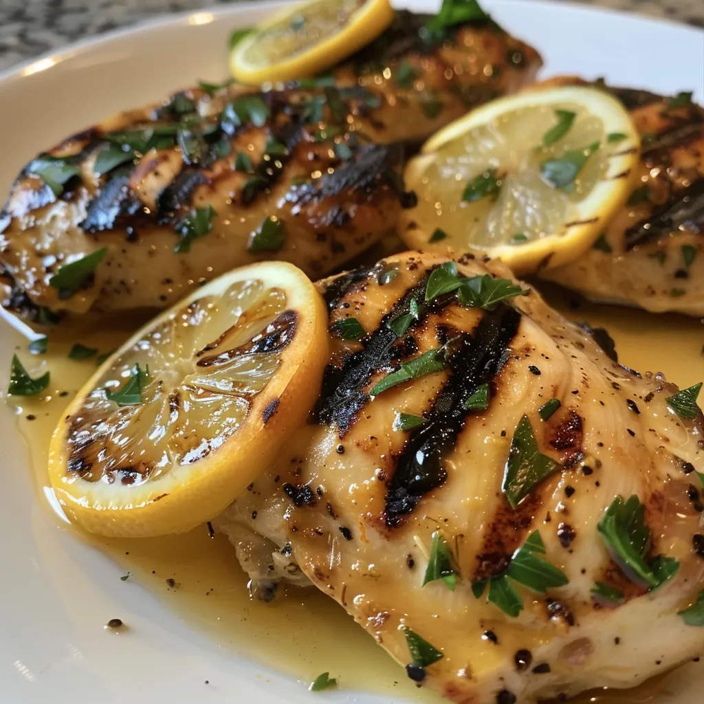 Juicy grilled chicken breast glazed with citrus sauce on a plate.